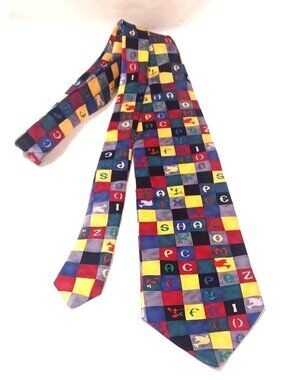 Vtg United state fund for UNICEF Mens Silk Tie Multicolor Peace Alphabet- Korea